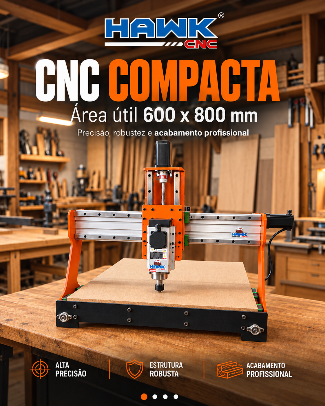 Router CNC Hawk 600 x 800 — router CNC com área útil de 600 x 800 x 150 mm