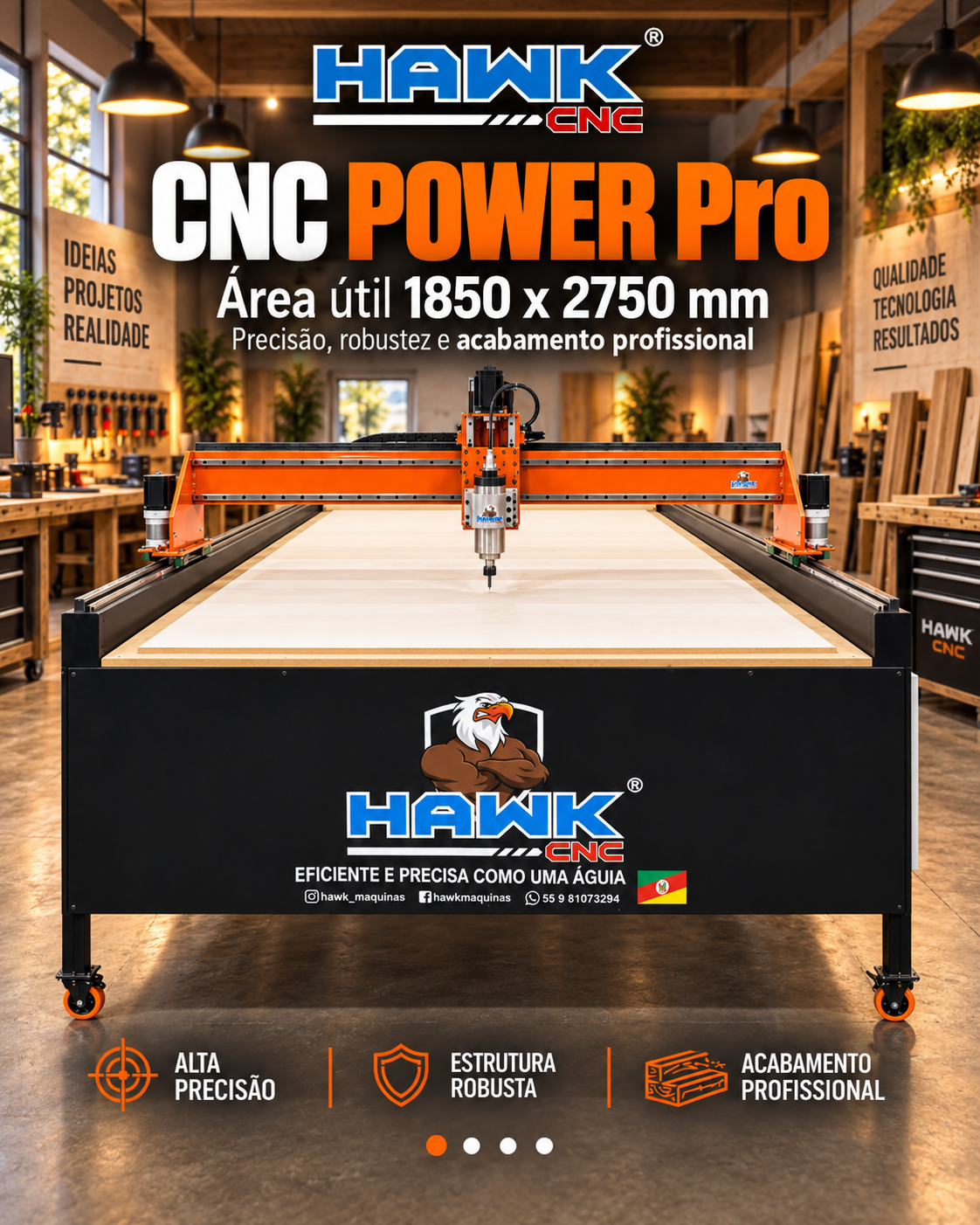 Router CNC Hawk 1850 x 2750 — router CNC com área útil de 1850 x 2750 x 150 mm
